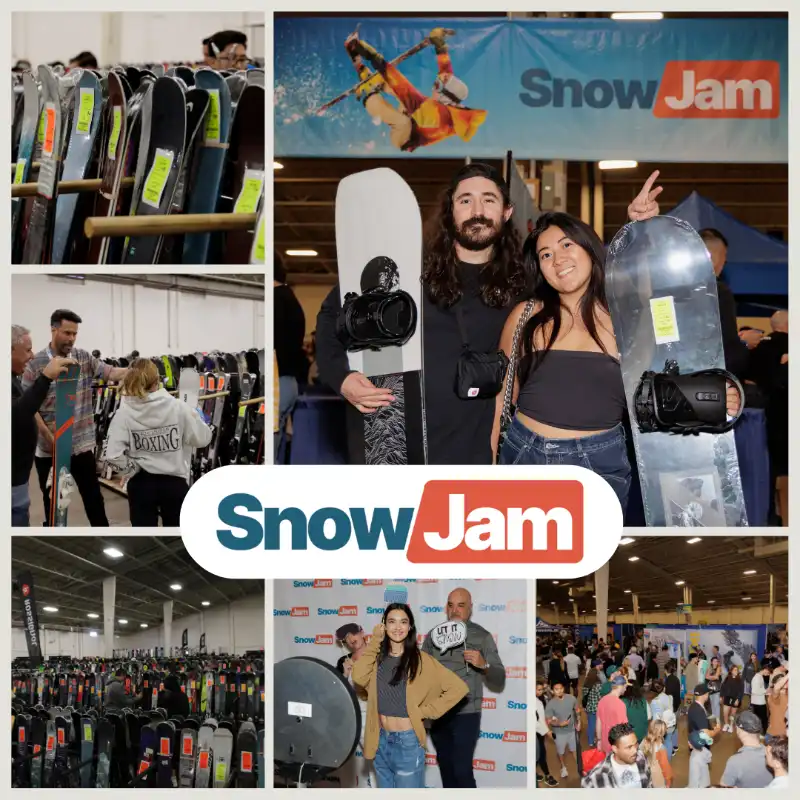 collage of snowjam las vegas 2025 expo showing attendees shopping for snowboards posing with gear and exploring vendor booths at convention center