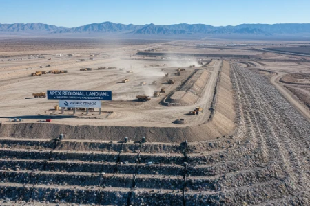A wide view of the Apex Regional Landfill in Las Vegas showing its large scale waste disposal operations