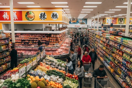 Bustling interior of an Asian supermarket in Las Vegas Chinatown with shoppers fresh produce and diverse imported goods