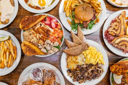 vegan breakfast and lunch food with eggs pancakes burgers wraps toast and fries at black and blue diner in las vegas