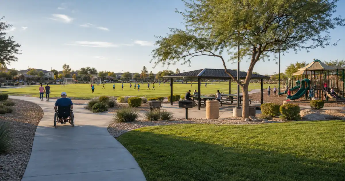 Buckskin Basin Park features open grass, soccer fields, a playground, shaded picnic areas, and walking paths in northwest Las Vegas.
