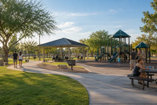 Families enjoy the playground, shaded picnic tables, walking paths, and open lawn at Buckskin Basin Park in Las Vegas.