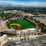 Aerial view of Cashman Field in Las Vegas, home of the Lights FC soccer team, with field, seating, and city backdrop
