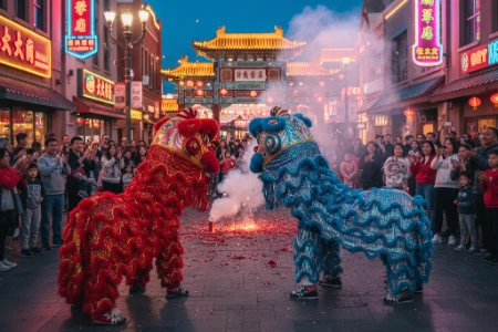 Vibrant red and blue lion dance performers with firecrackers during a Chinatown Las Vegas Lunar New Year celebration
