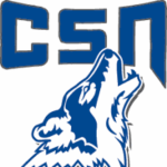 College of Southern Nevada logo with bold blue CSN letters and stylized blue and white howling wolf mascot