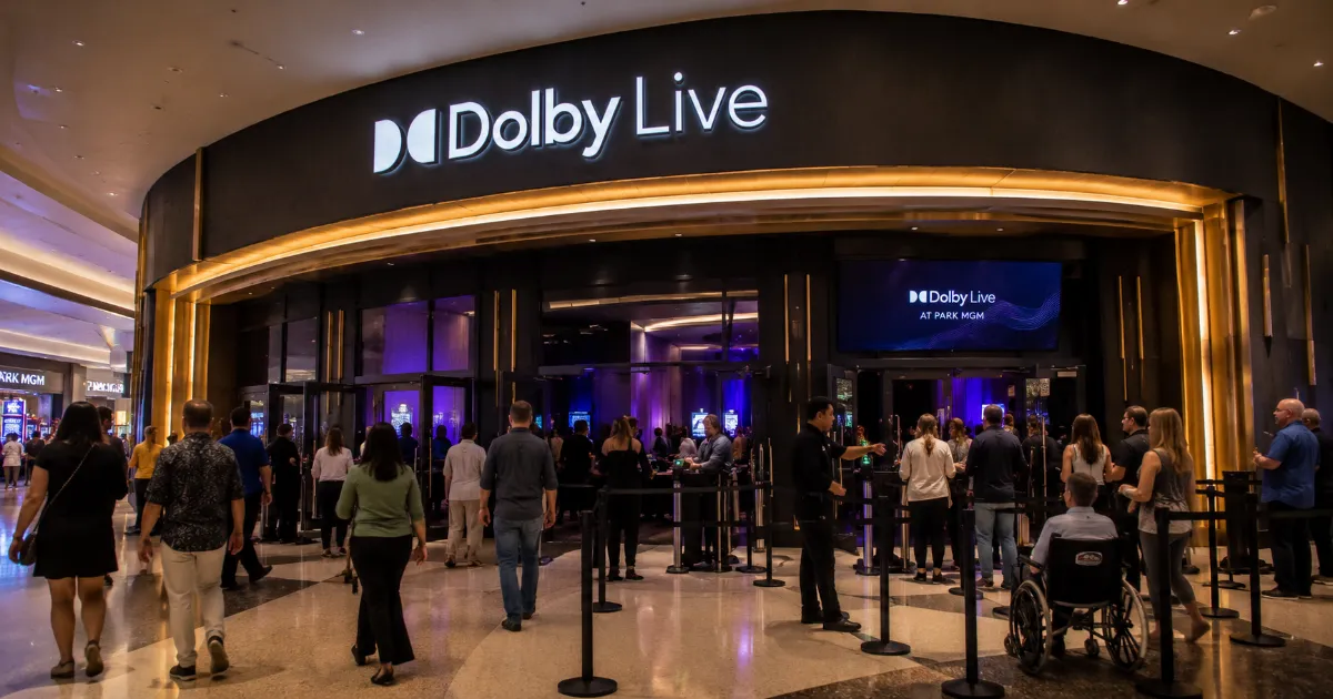 Guests approach the illuminated Dolby Live theater entrance on the casino level inside Park MGM in Las Vegas.