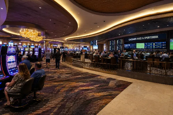 Adult guests explore the remodeled casino floor and Caesars Race & Sportsbook inside Harrah’s Las Vegas.