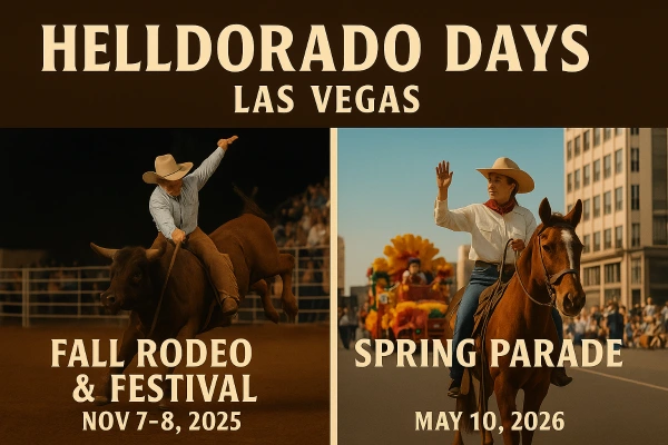 Two-image collage of Helldorado Days in Las Vegas with fall rodeo scene on left featuring horseback rider and fireworks and spring parade on right with horse-drawn carriage and spectators