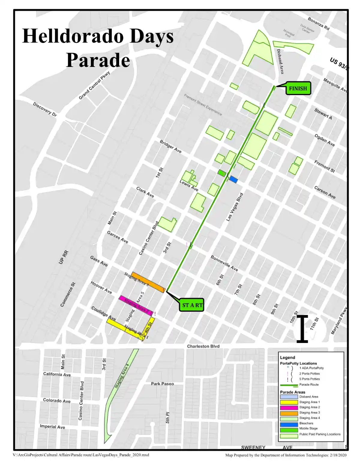 Helldorado Days Parade route map in Las Vegas showing spring parade path along 4th Street with staging announcer and VIP zones