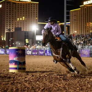 Barrel racer at Helldorado Days Fall Rodeo in Las Vegas maneuvering horse around colorful Las Vegas barrel under city lights