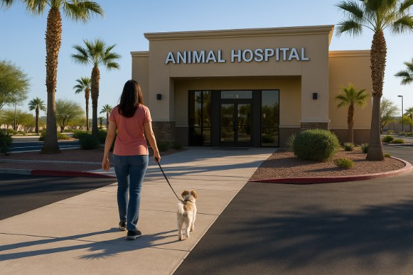 Pet owner walking a small dog toward a Henderson Nevada animal hospital
