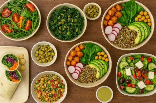 vegan food with salad bowls quinoa avocado chickpeas greens wrap and falafel on table in las vegas
