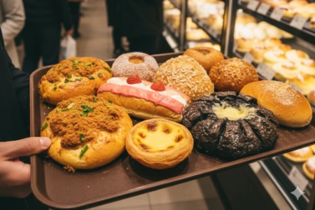 A tray filled with fresh pastries and bread at 85C Bakery Cafe in Las Vegas Chinatown