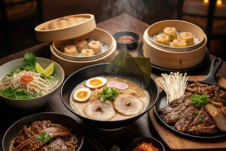 A table filled with various authentic Asian dishes including ramen and dim sum at a Chinatown Las Vegas restaurant