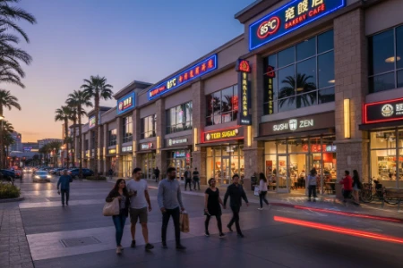 The modern storefronts and pedestrian area at Shanghai Plaza in Las Vegas Chinatown