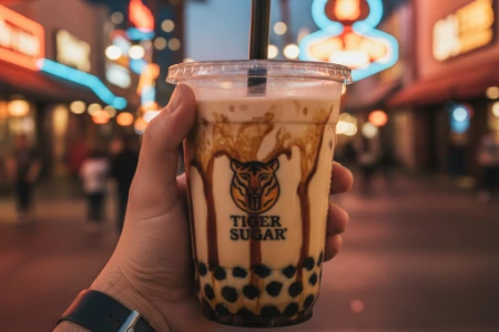 A hand holding a cup of brown sugar boba milk with 'tiger stripes from Tiger Sugar Las Vegas