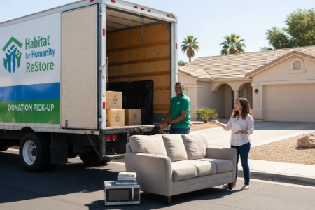 Free donation pickup service in Las Vegas with workers loading a couch onto a truck