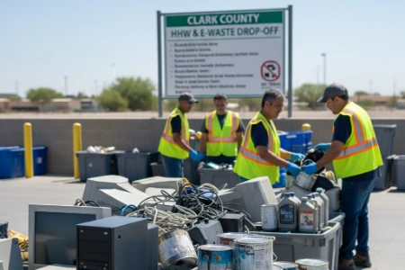 A collection of e waste including an old TV computer monitor and paint cans at a Clark County hazardous waste drop off