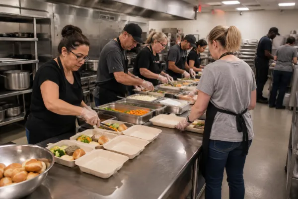Adult volunteers prepare and portion a community meal inside a clean Las Vegas Rescue Mission food-service area.