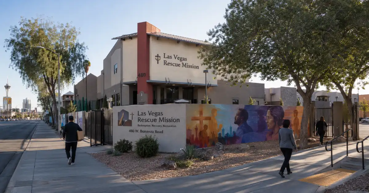 The Las Vegas Rescue Mission exterior features permanent signage, a colorful mural, desert landscaping, and its Bonanza Road campus.