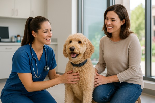 Veterinary nurse kneeling beside a golden doodle with the pet owner smiling inside a clinic