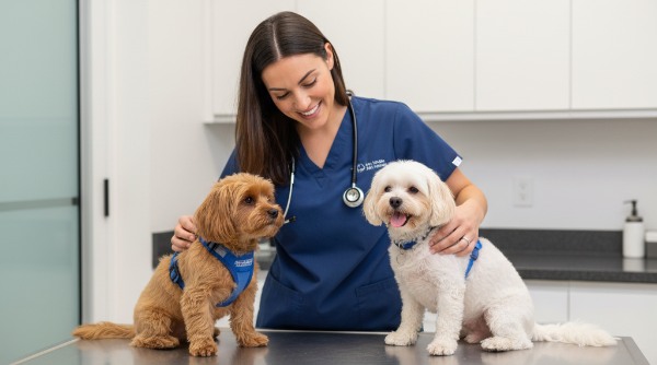 Veterinarian with two small dogs during a checkup