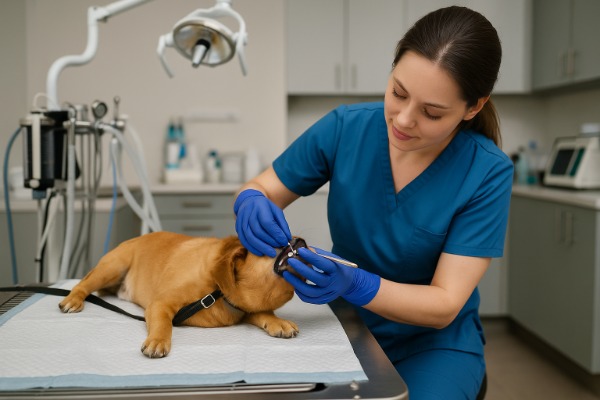 Veterinarian performing a dental check on a golden retriever inside a modern Las Vegas animal clinic