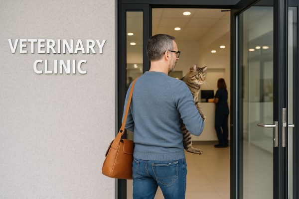 Pet owner entering a veterinary clinic carrying a cat