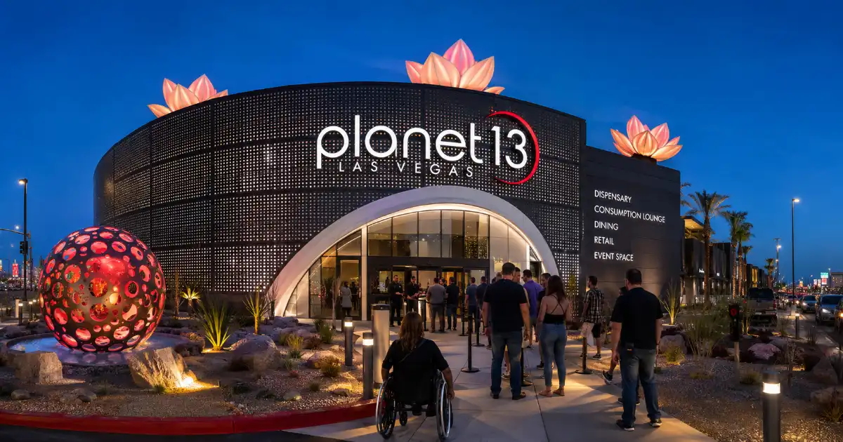 Planet 13 Las Vegas features its modern dark-metal façade, permanent illuminated name, curved public entrance, interactive lotus sculptures, and desert landscaping.