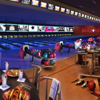 Upscale bowling lanes and lounge area at Red Rock Lanes Summerlin