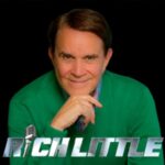 rich little smiling in green sweater over plaid shirt with hand on chin against black background promoting comedy impressionist show in las vegas