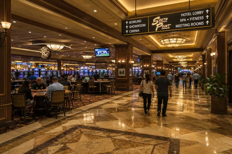 Warm chandeliers, gaming areas, polished walkways, and resort entrances define the interior of South Point Hotel, Casino & Spa.