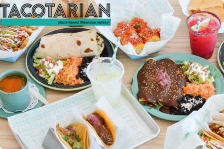 vegan mexican food with tacos burritos enchiladas nachos and drinks at tacotarian restaurant in las vegas