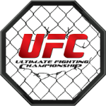 UFC logo with bold red letters over an octagon cage background and chain-link fence design