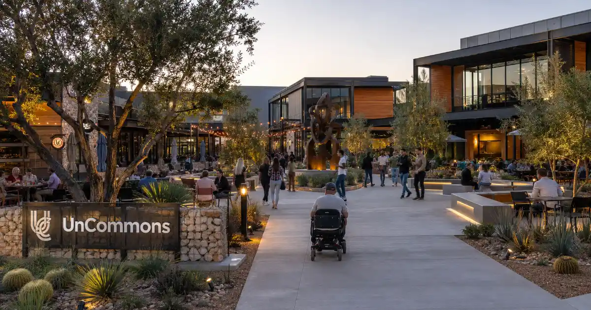The landscaped UnCommons courtyard features contemporary buildings, shaded seating, public art, and wide pedestrian paths in southwest Las Vegas.