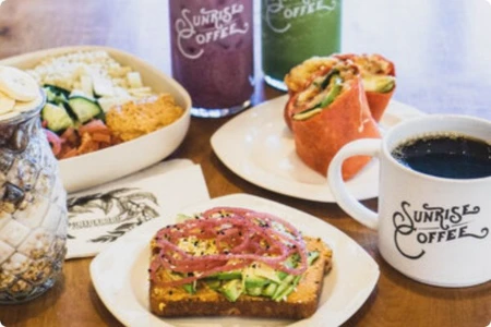 vegan breakfast and brunch food with eggs pancakes hash browns burgers and toast at sunrise coffee in las vegas