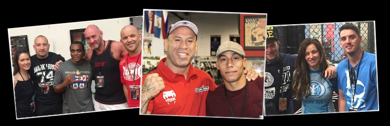 Collage of guests and fighters at Las Vegas boxing and MMA gyms featuring group photos in training environments with gym equipment and flags