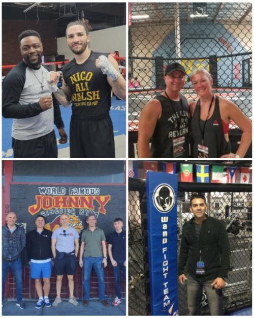 Collage of Vegas Fight Tour featuring Nico Ali Walsh Training Camp, Wand Fight Team MMA gym, Johnny Ringside Gym mural, and Mountain View MMA facility with guests and fighters