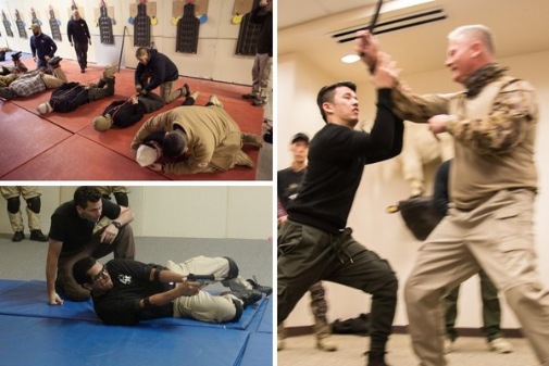 Collage of tactical self defense training in Las Vegas with grappling baton restraint and combat technique demonstrations