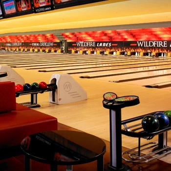 Smaller, modern bowling alley with couches at Wildfire Casino and Lanes Henderson