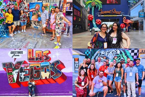 collage of buzzy vegas tours guests posing in front of downtown las vegas murals fremont street entrance and arts district street art during guided walking tour