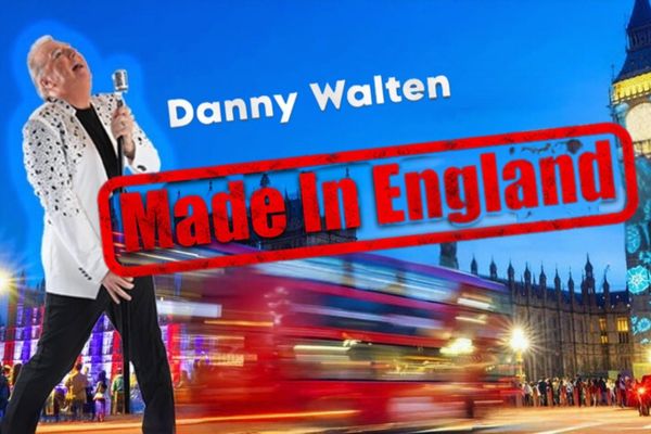 Promotional poster for Danny Walten’s Las Vegas show Made in England, featuring the performer singing with London landmarks in the background and bold red branding.