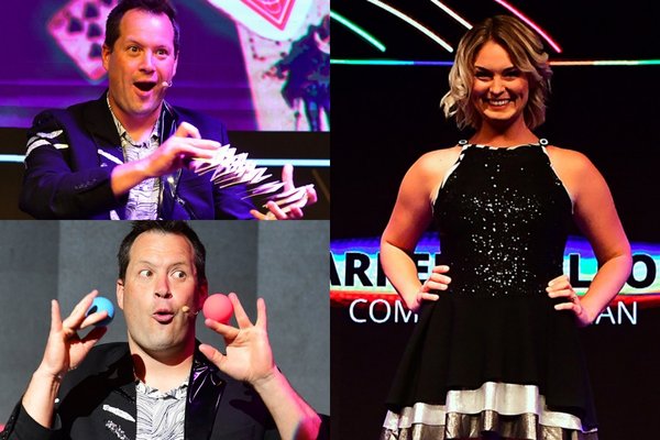 A promotional image for the Farrell Dillon Magic Show in Las Vegas, showing the magician on a stage with a dog, waving at the audience as he prepares to perform a trick.