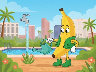 Cartoon banana watering desert plant beside pool in sunny Las Vegas urban setting