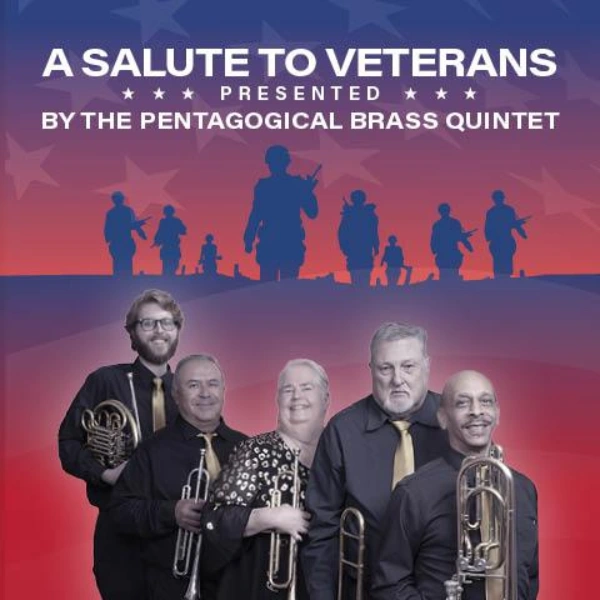 patriotic poster for a salute to veterans concert in las vegas featuring pentagogical brass quintet with red white and blue background