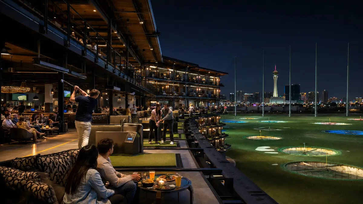 Golfers enjoy illuminated hitting bays, lounge seating, and outdoor targets at Atomic Golf near The STRAT in Las Vegas.