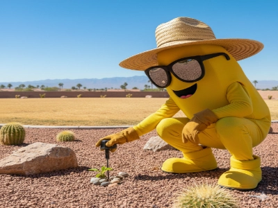 Cartoon banana inspecting water sprinkler in desert garden near Las Vegas with plants and rocks