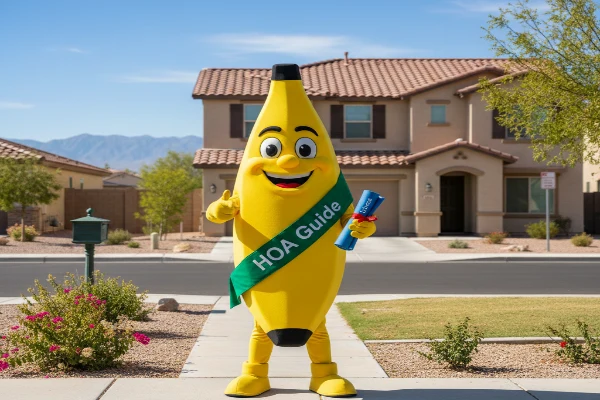 Cartoon banana mascot in Las Vegas neighborhood holding HOA guide to promote local HOA lookup page