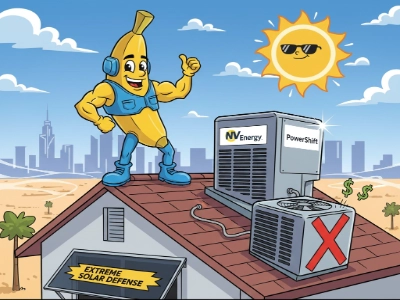 Cartoon banana inspecting rooftop air conditioners in Las Vegas with NV Energy PowerShift upgrade