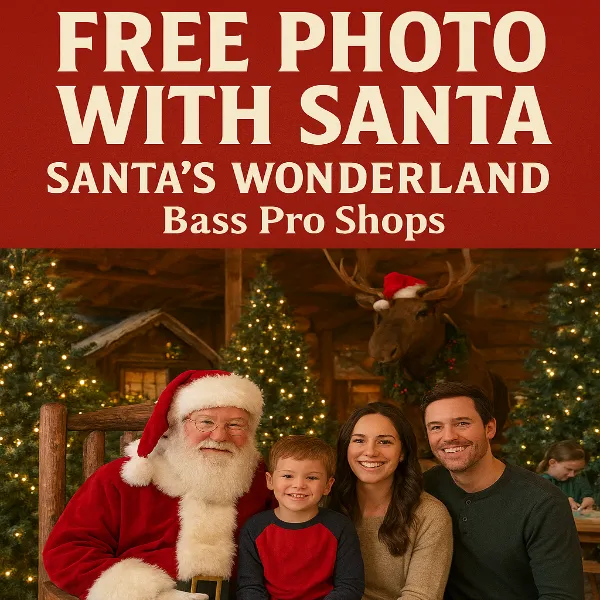 Santa Claus poses with a smiling family inside Bass Pro Shops Santas Wonderland surrounded by festive Christmas trees rustic cabin decor and a moose in a Santa hat